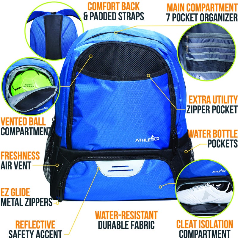 Athletico Youth Soccer Bag - Soccer Backpack & Bags for Basketball, Volleyball & Football | Includes Separate Cleat and Ball Compartment (Blue) - Image 2
